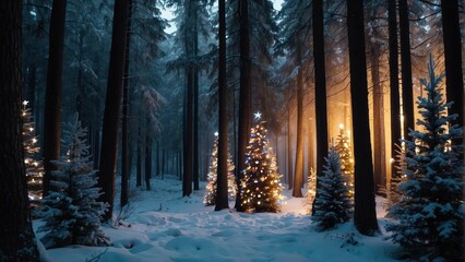 Illuminated Christmas trees in a snowy forest at dusk