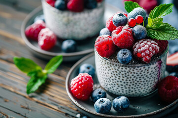 Dessert with chia seeds, raspberries and blueberries garnished with fresh mint