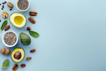 Keto diet, healthy fats on blue background.  