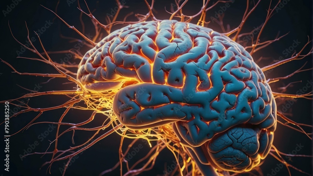 Poster 3d rendered brain with glowing neurons and synapses