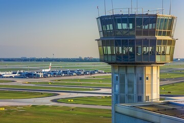 Dawn Over Air Control Tower and Taxiing Planes - obrazy, fototapety, plakaty