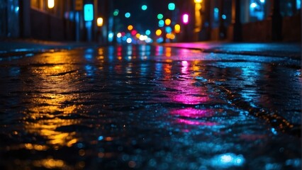 Vibrant neon lights reflecting on wet city street at night