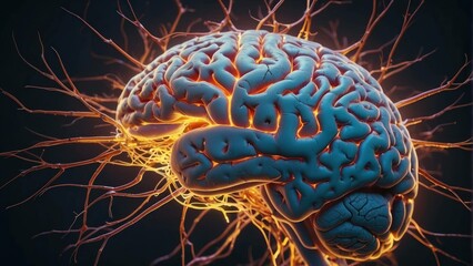 3D rendered brain with glowing neurons and synapses