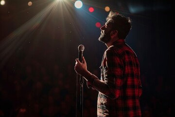 Entertainer with Microphone Engaging Audience at Comedy Club - obrazy, fototapety, plakaty