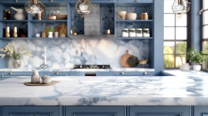 A kitchen with a marble countertop and blue cabinets. A vase with flowers sits on the counter