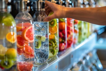 Infused Water Selection, Person Filling Bottle, Blurred Background