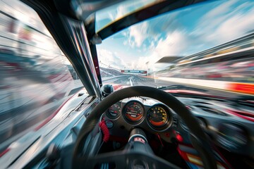 Speeding Race Car Interior, Driver's Perspective, Blurred Track - obrazy, fototapety, plakaty