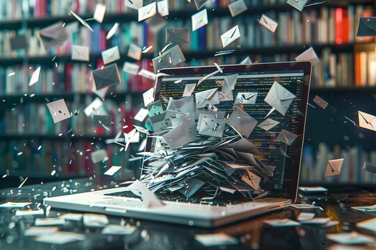 a lot of letters are flying towards the laptop computer