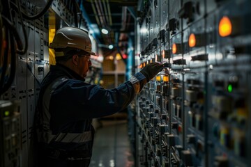 Electrical Technician Conducting Maintenance in Power Substation - obrazy, fototapety, plakaty