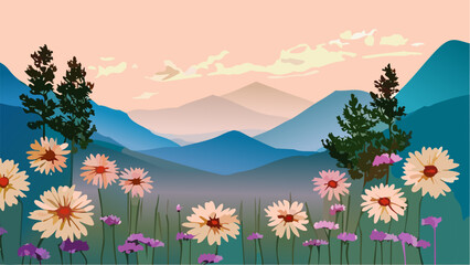 Fototapeta na wymiar Landscape with mountains and flowers