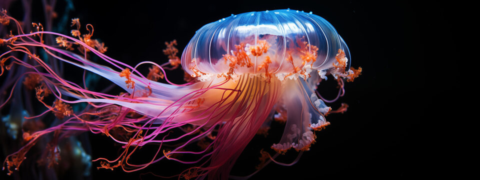 Vibrant Jellyfish Floating in Dark Ocean Waters