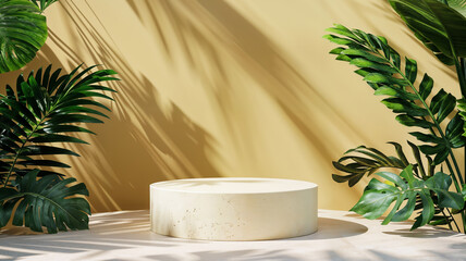 Modern product podium display, tropical leaves and shadow, natural bio beauty cosmetic beige background hd