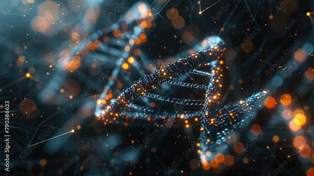 Poster abstract dna strand in digital environment - striking 3d render of a dna strand with glowing nodes s