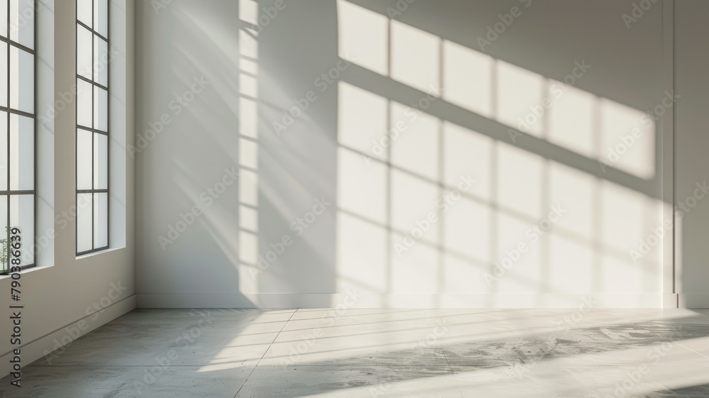 Poster empty room with sunlight through large windows - an empty room with white walls and large windows ca