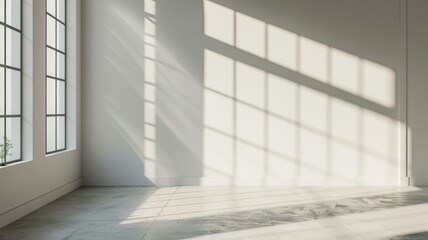 Empty room with sunlight through large windows - An empty room with white walls and large windows casting shadows on the floor, illustrating solitude and calmness