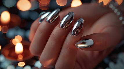 Mirror-like chrome nail polish with bokeh effect - An intricate close-up of brilliant chrome nail polish with a reflective surface, captured with a bokeh light background