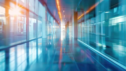 Modern corridor with glass walls and reflections - An ultra-modern building interior showcasing reflective glass walls with a glowing sun flare effect - obrazy, fototapety, plakaty