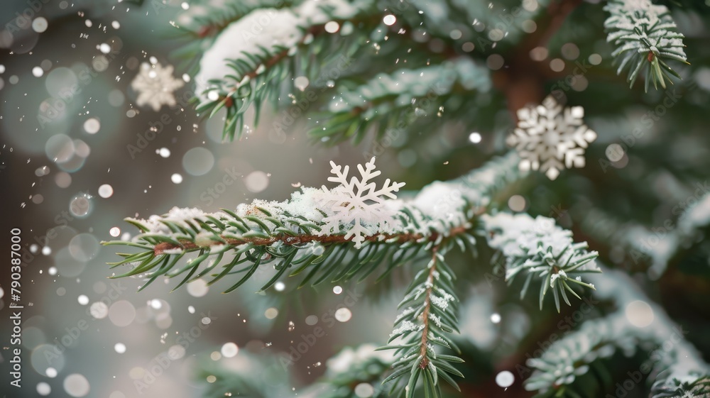 Poster snow-covered fir branch with a snowflake - close-up of a fir branch dusted with snow and a detailed 