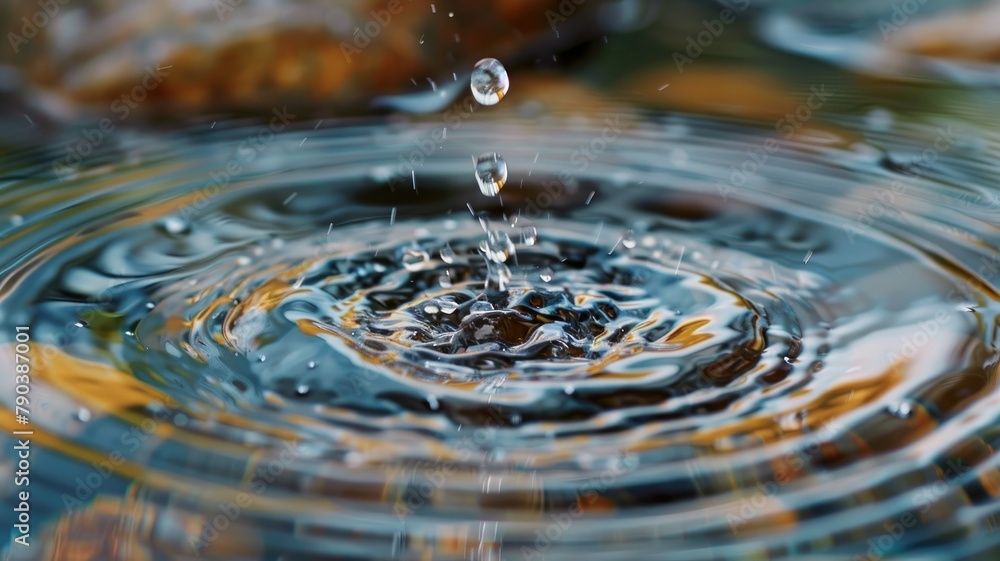 Poster water droplet creating ripples in puddle - close-up of a single water droplet creating concentric ri