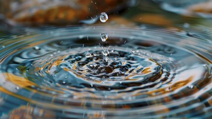 Water droplet creating ripples in puddle - Close-up of a single water droplet creating concentric ripples in a clear puddle with a reflective surface