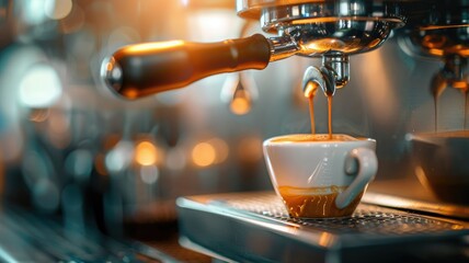 Espresso shot being pulled into a cup - Close-up view of a professional espresso machine pouring fresh coffee into a ceramic cup, capturing the perfect crema