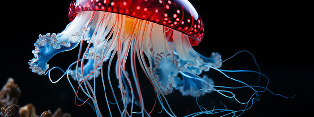 Bioluminescent Jellyfish on Dark Ocean Background - obrazy, fototapety, plakaty