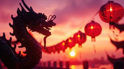 Intricate dragon sculpture against pink sky - Detailed dragon sculpture against a pink and purple sunset, with a line of glowing traditional lanterns enhancing its cultural significance