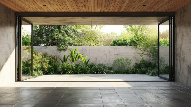 A large open space with a wall of greenery and a large window. The space is empty and has a modern feel to it