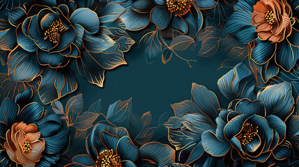 luxury dark flower background with dark blue and red gold with text space in the centre