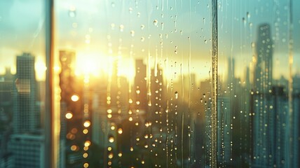 Raindrops on window with cityscape sunset - Glistening raindrops on a window with a blurred city skyline backdrop during a golden sunset