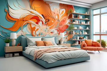 Modern bedroom interior in turquoise and orange colors
