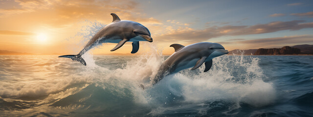 Playful Dolphins at Sunrise in Ocean Waves - obrazy, fototapety, plakaty
