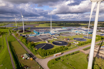 Wind turbines, water treatment and bio energy facility and solar panels in The Netherlands part of...