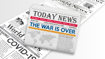 Realistic newspaper with the main news on the background of a newspaper conveyor. Breaking news from around the world in the latest edition of the newspaper. Vector illustration. - obrazy, fototapety, plakaty