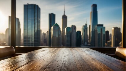 Obraz premium Sunset over a city skyline seen from a room with wooden furniture