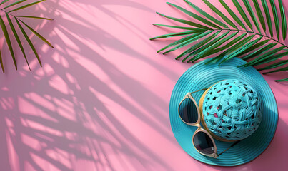 background:  A summer themed image featuring a straw hat with sunglasses and palm leaf shadows on pink sand	