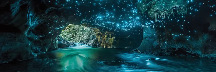 Fotobehang Enchanting Glowworm Caves in Waitomo, New Zealand © Pierre Villecourt