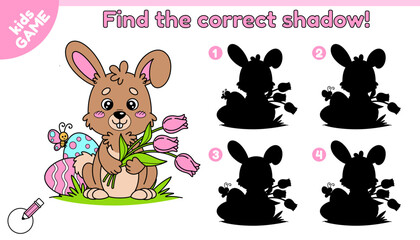 Educational kids Easter game. Find the correct shadow. Cartoon rabbit holding tulips in his paws. Happy hare sits on the grass near Easter eggs. Activity book for school children. Vector illustration.