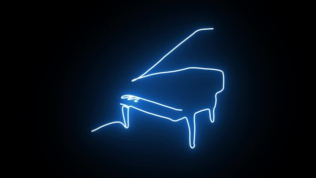 Piano icon. Neon design. Music sign. Line Art. One single line drawing. Modern classical music instruments concept. Hand drawn minimalistic style. Neon art. 4K Video motion graphic animation.
