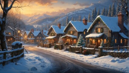 Snowy winter scene with cozy village houses