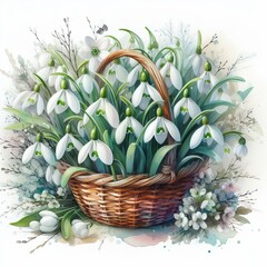 Bouquet of white snowdrops in wicker basket in watercolor style on white background, first spring flowers