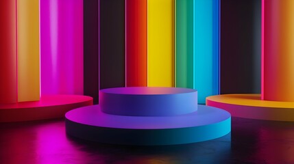 luxury colourful neon abstract elegant Platform podium background shapes and curtains Geometric...