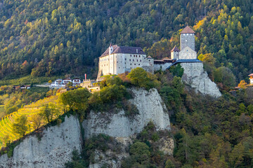 Fototapeta na wymiar View to Tyrol castle at Dorf Tirol, South tyrol, Italy seen from hiking trail