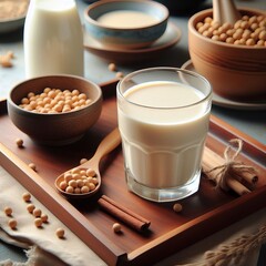 Soy milk in a glass on a served table, next to soybeans in a spoon and bowl, healthy food for vegetarians