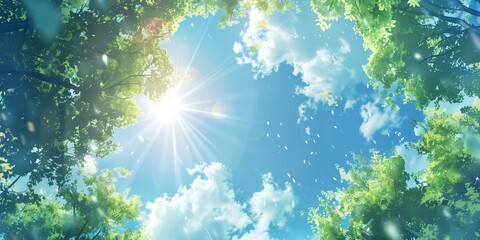 A fresh spring, summer sky background with strong sunlight shining through the trees. - obrazy, fototapety, plakaty