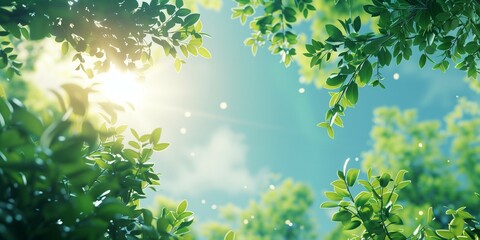 A fresh spring, summer sky background with strong sunlight shining through the trees. - obrazy, fototapety, plakaty