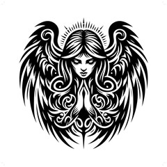 angel in modern tribal tattoo, abstract line art of people, minimalist contour. Vector