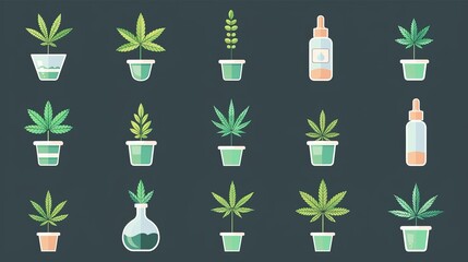 Medicative Cannabis Oil, Hashish Relaxation: Cannabidiol in the Pharmaceutical Industry, Hemp Leaf and Weed Plant THC Oil Addiction - obrazy, fototapety, plakaty