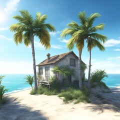 An old bungalow on a tropical island with palm trees by the sea, a paradise of the world for a peaceful vacation for single people