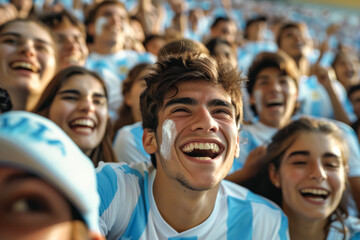 Obraz premium Argentine football soccer fans in a stadium supporting the national team, Albiceleste, Gauchos 